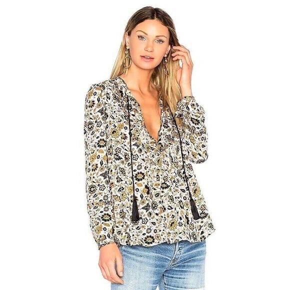 A.L.C. Sz 8 Silk Floral Hari Tassel Peasant Top Bohemian Cottagecore Blouse - Picture 1 of 7